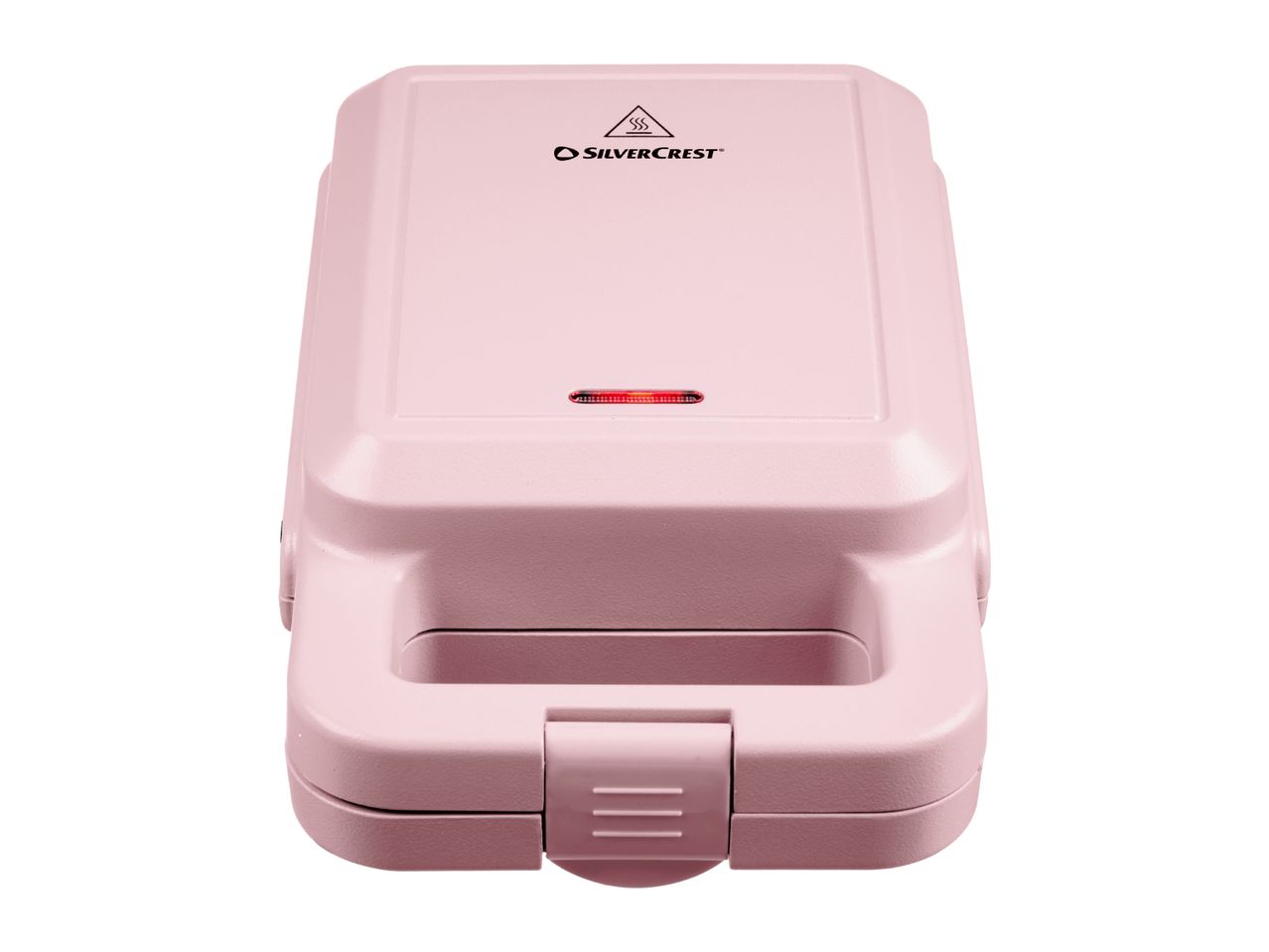 Pink SilverCrest waffle maker with a red indicator light