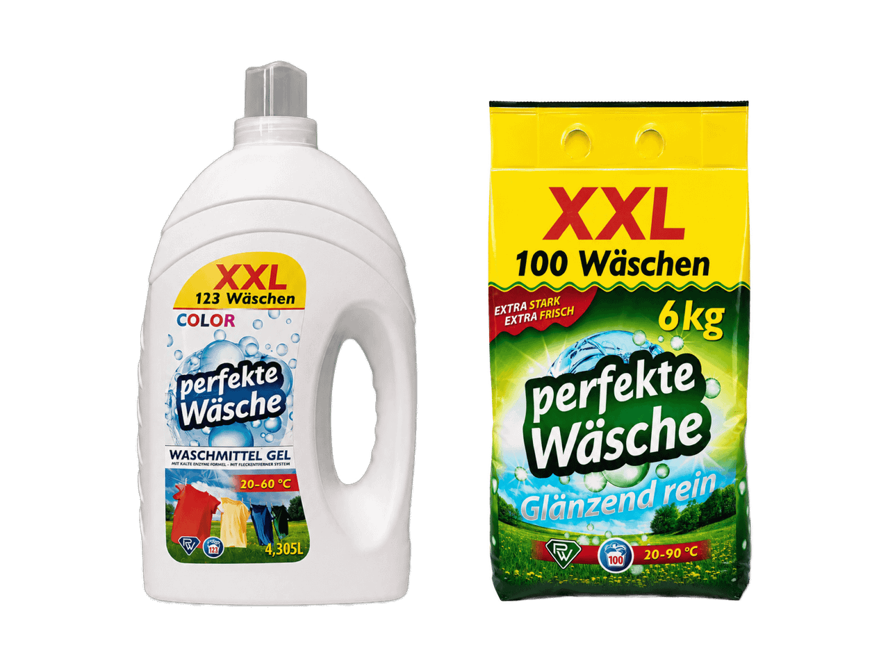 Flüssigwaschmittel und Waschpulver in XXL-Packungen für 123 bzw. 100 Wäschen.