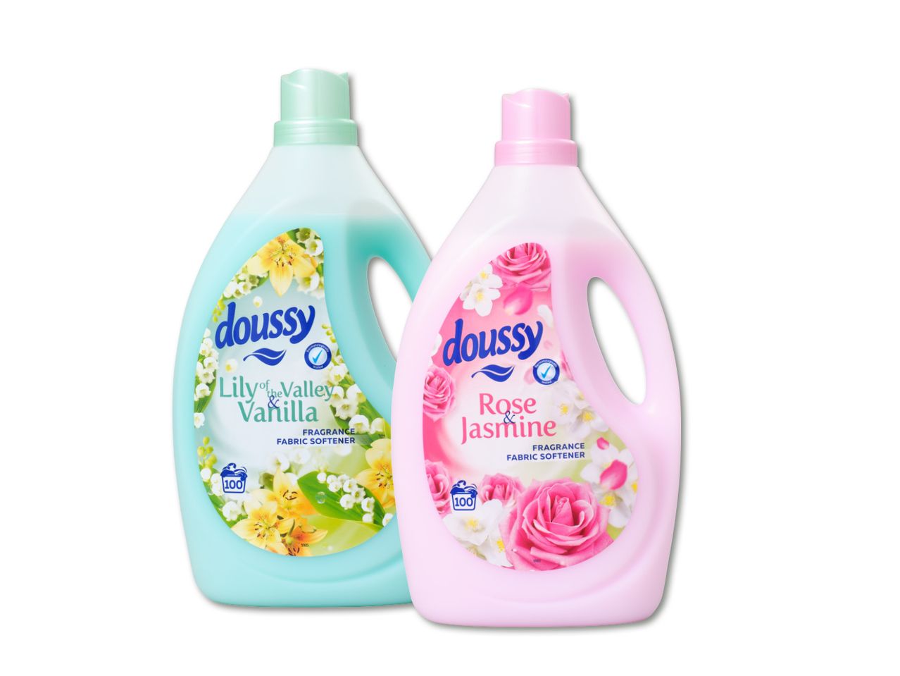 Divi Doussy auduma mīkstinātāju pudelītes: Lilija un vaniļa, Roze un jasmīns.