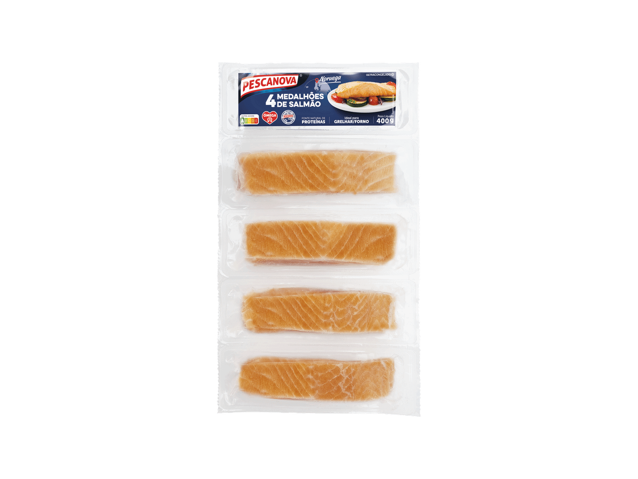 Embalagem de medalhões de salmão congelados, 4 unidades, 400g.