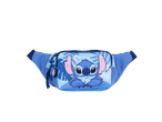 Bolsa de cintura azul com o Stitch da Disney e padrão de folhas tropicais.