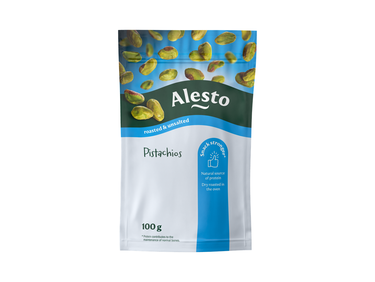 Pistaasipähkinäpussi, jossa on tekstiä 