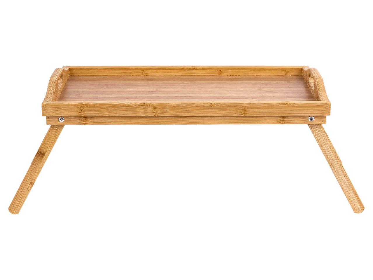 LIVARNO home Bed Tray, a light wooden tray with foldable legs on a black background.