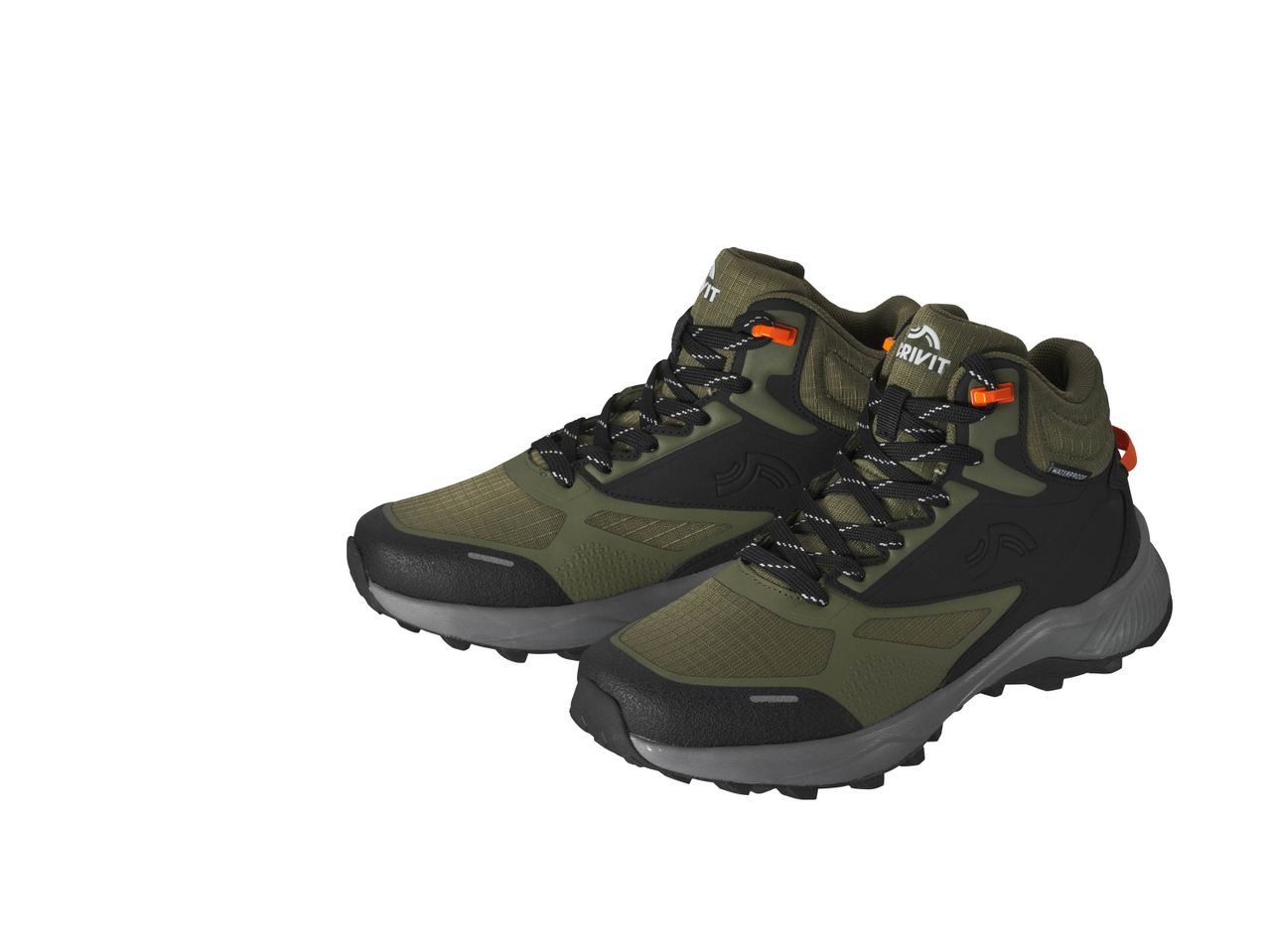 Pair of green and black hiking boots with orange accents.