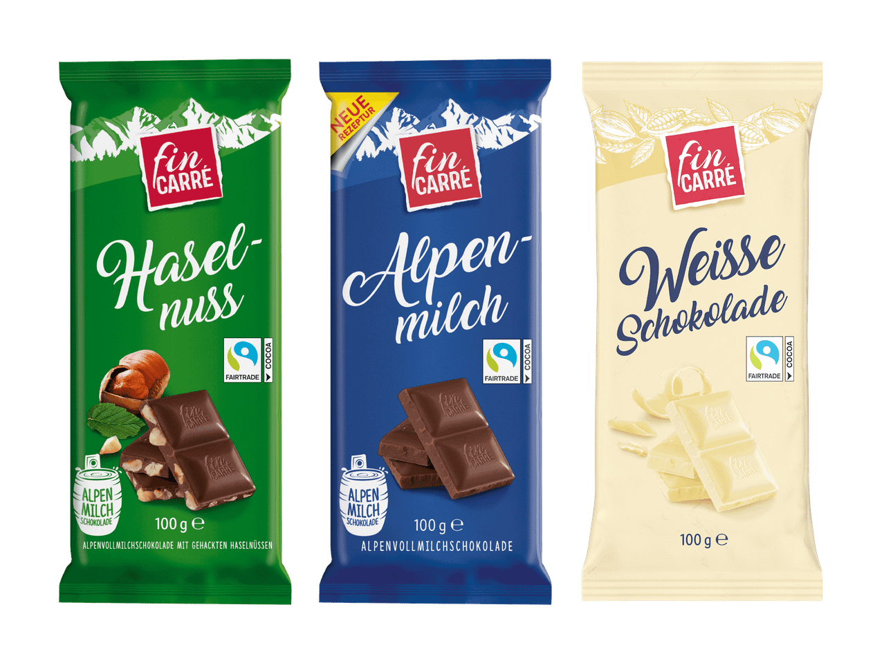 Drei Fin Carré Schokoladentafeln: Haselnuss, Alpenmilch und Weiße Schokolade.