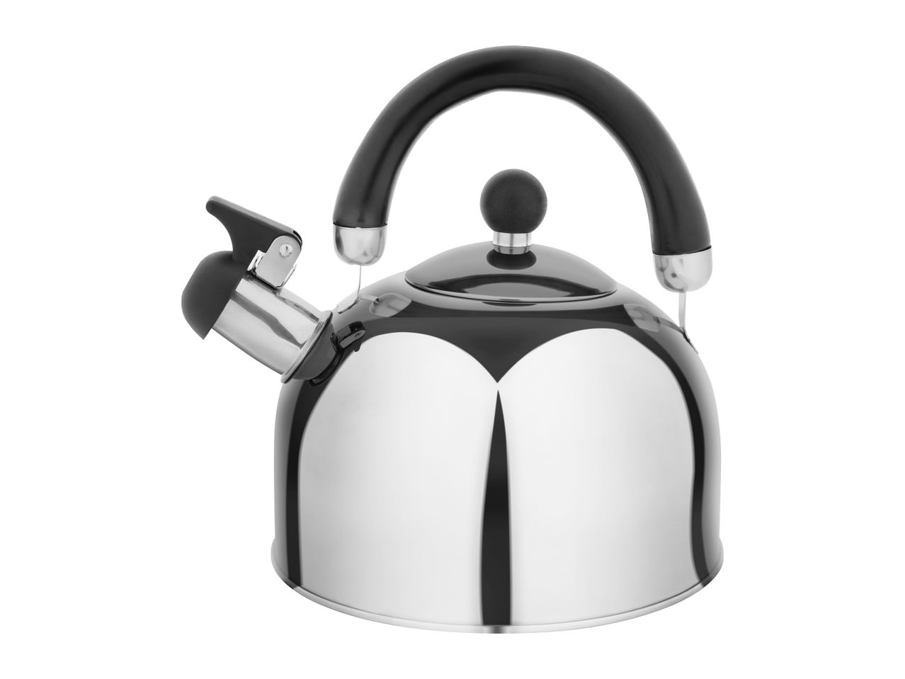 A stainless steel kettle with a black handle.
