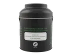 Black tea tin with green tea, pineapple, lemon, and ginger flavors, featuring a Rainforest Alliance seal.