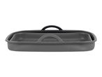Grey rectangular silicone baking dish with handles