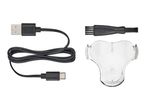 USB-A to USB-C charging cable, cleaning brush, and clear protective cover for a shaver.