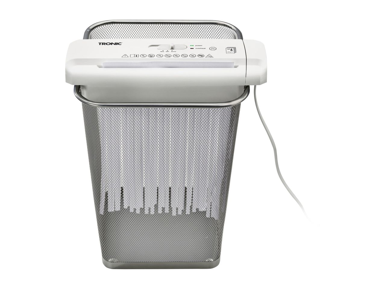 A white Fellowes shredder with a large grey bin.