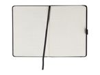 Open black notebook with grid paper and a black ribbon bookmark.