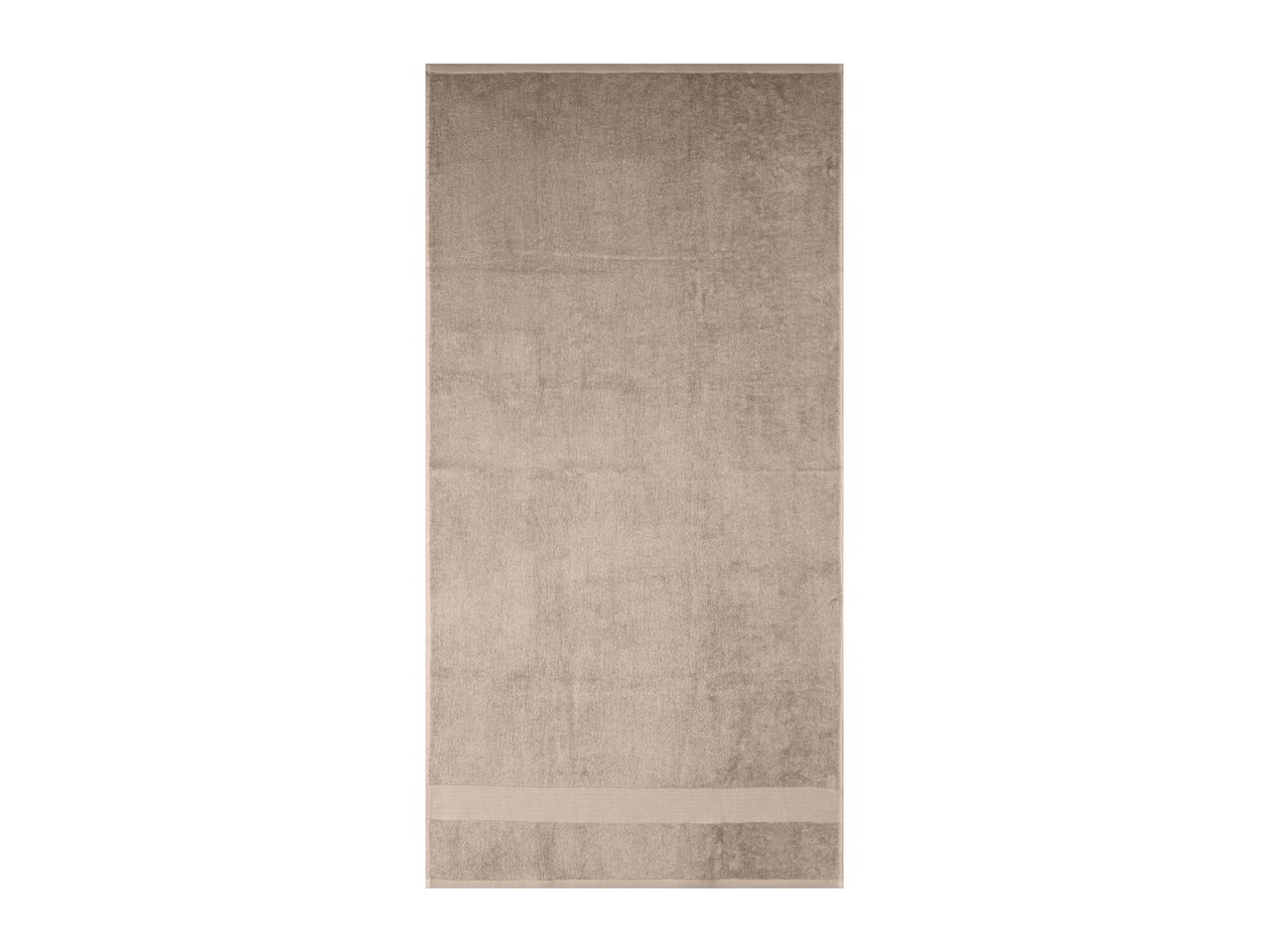 A rectangular, light brown bath towel with a subtle striped border at the bottom.