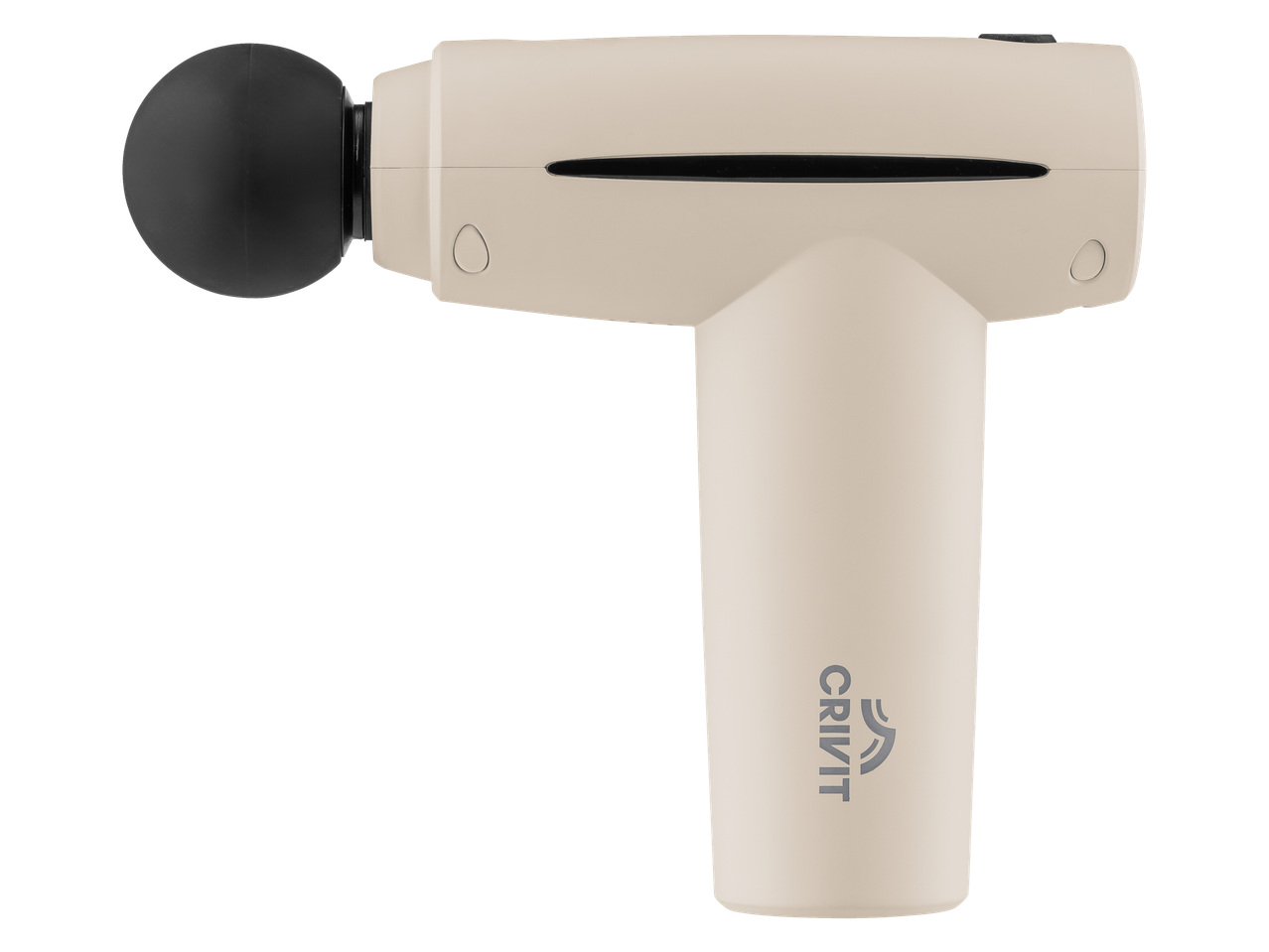 Crivit mini masažinis pistoletas smėlio spalvos su juoda rutuline galvute.