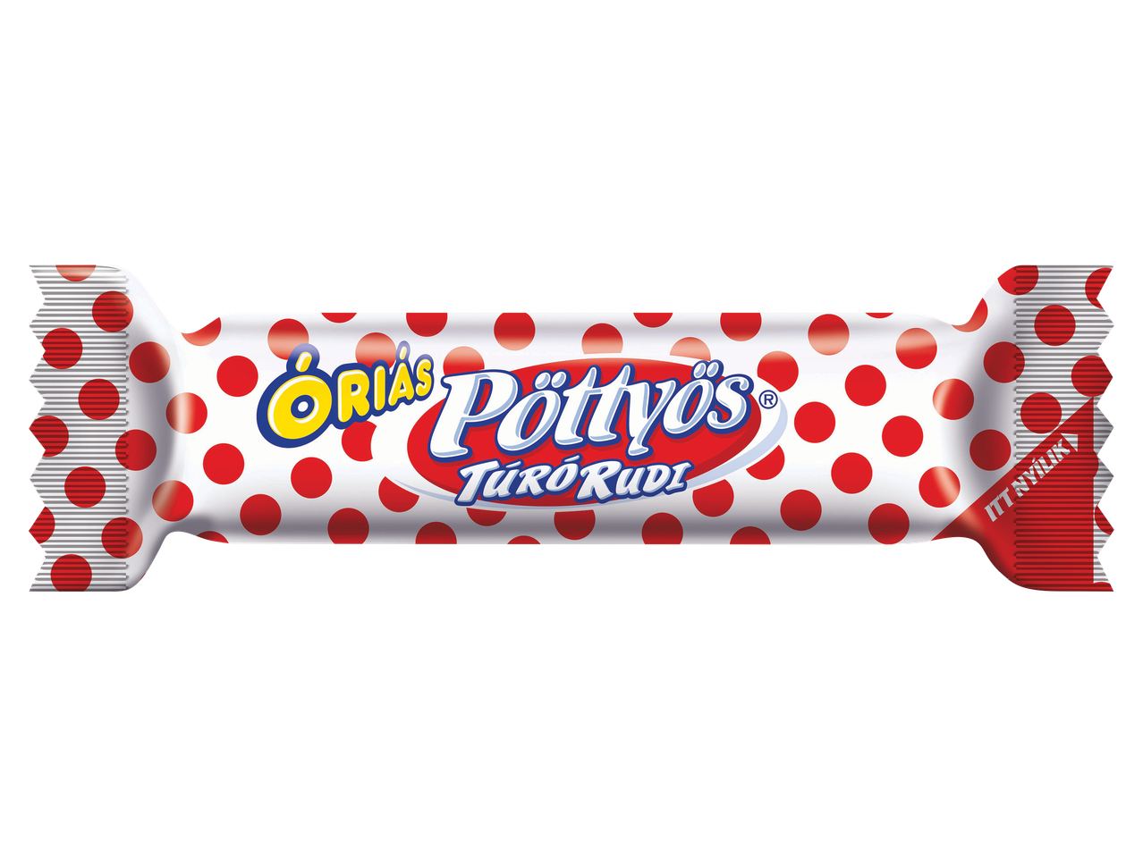 Piros pöttyös csomagolású óriás túródesszert fehér háttér előtt.