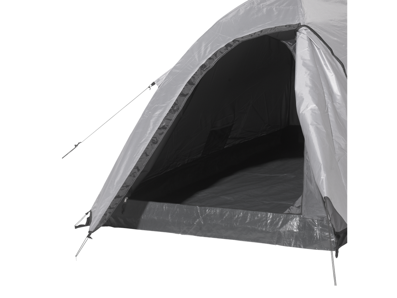Uma tenda de camping cinza aberta, mostrando o interior escuro.