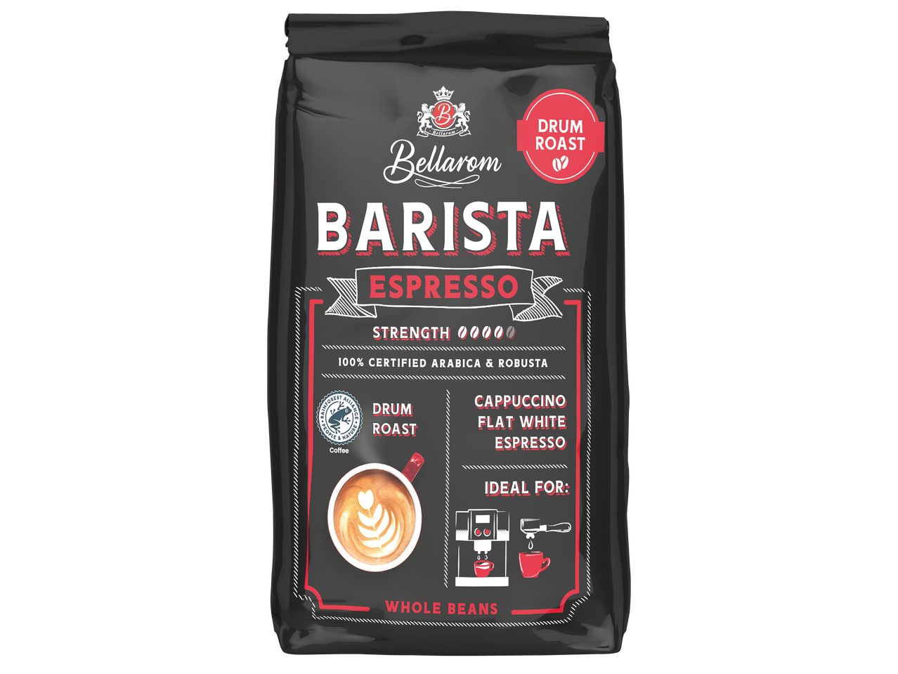 Пакет кафе на зърна за бариста, с надпис „Drum Roast Espresso“, сила 3 от 5, 100% сертифицирана Арабика и Робуста.