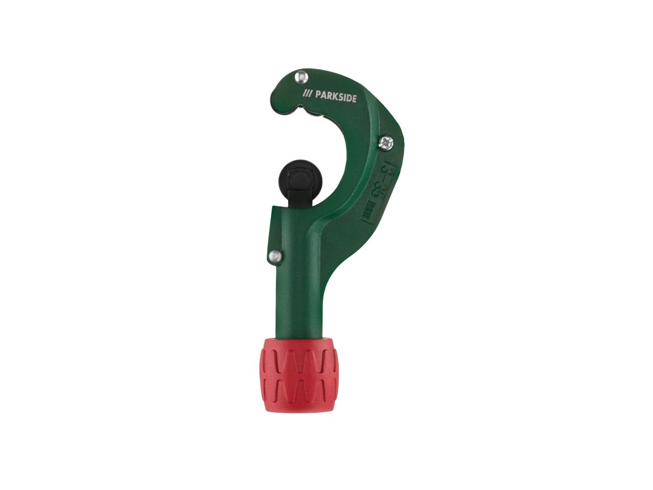 A green and red pipe cutter with the brand 'PARKSIDE' and '13-35 mm' visible.