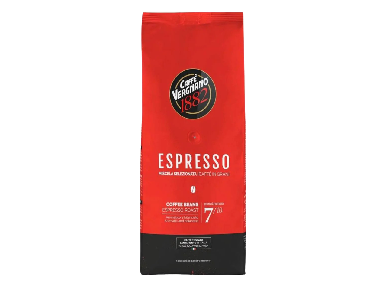 Червена опаковка кафе на зърна за еспресо с надпис „Espresso“ и „7/10 интензитет“.