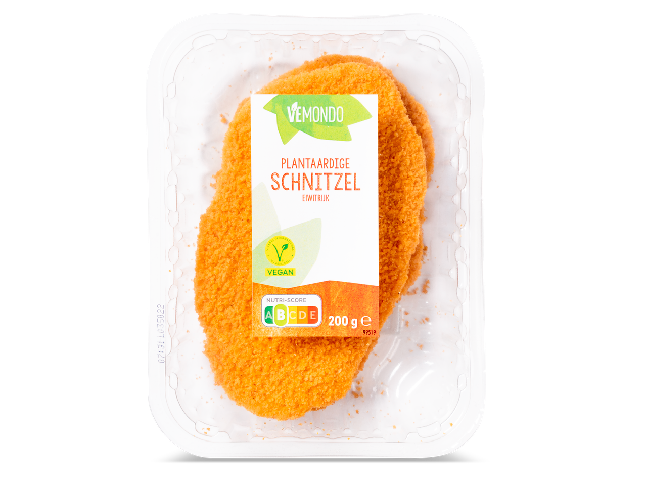 Vemondo plantaardige schnitzels, 200g, in een plastic schaal.