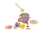 Wooden toy witch's cauldron with fire, magic wand, potion bottles, cards, and ingredients.