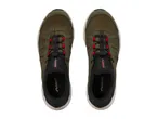 Pair of olive green and black mesh water shoes with red accents and elastic laces.