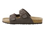 Dark brown double buckle sandals with cork footbed.