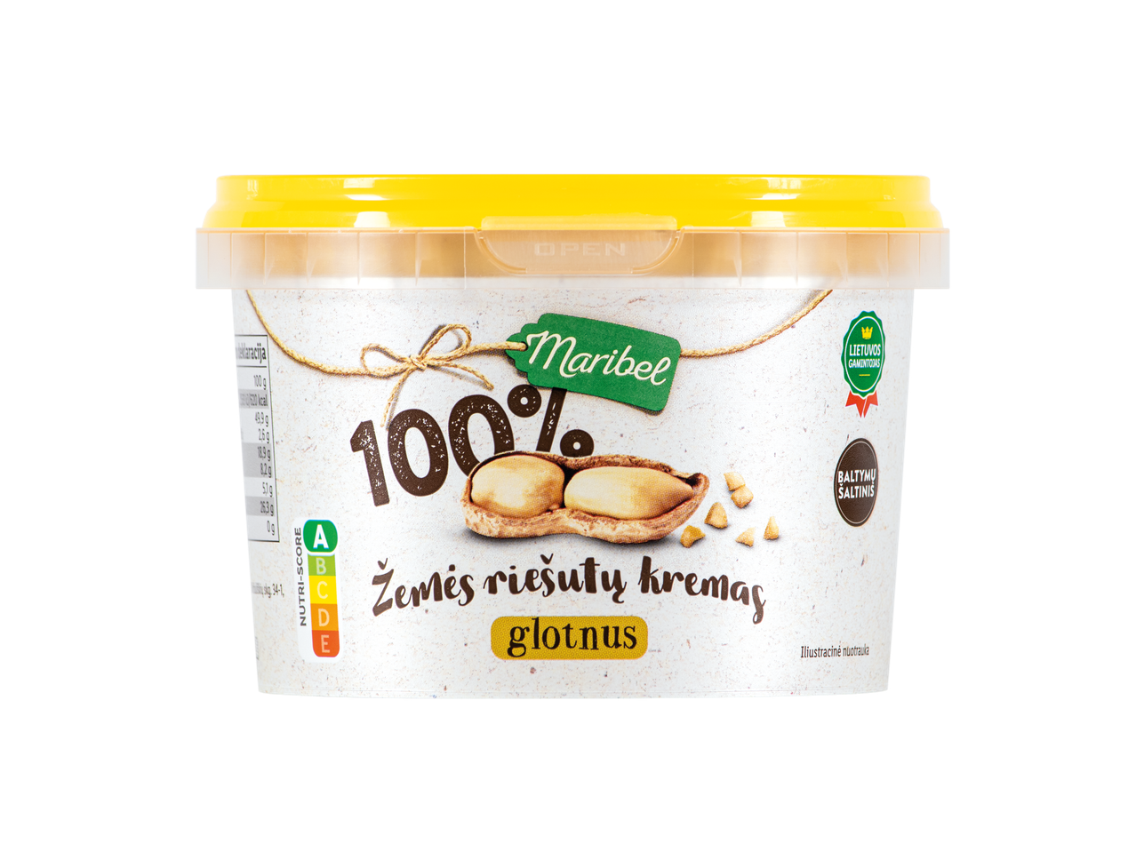 Maribel 100% glotnus žemės riešutų kremas indelyje, su Nutri-Score A ir Lietuvos gamintojo ženklu.