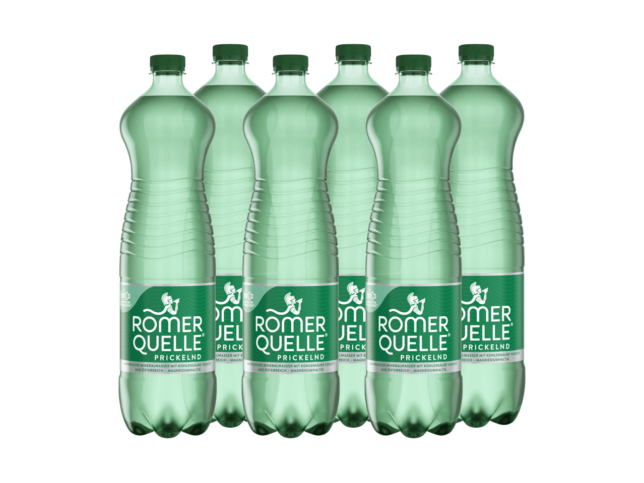 Sechs grüne Flaschen Mineralwasser mit Kohlensäure, aus Österreich, magnesiumhaltig.