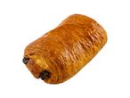 Golden brown pain au chocolat with visible chocolate pieces, isolated on a white background.