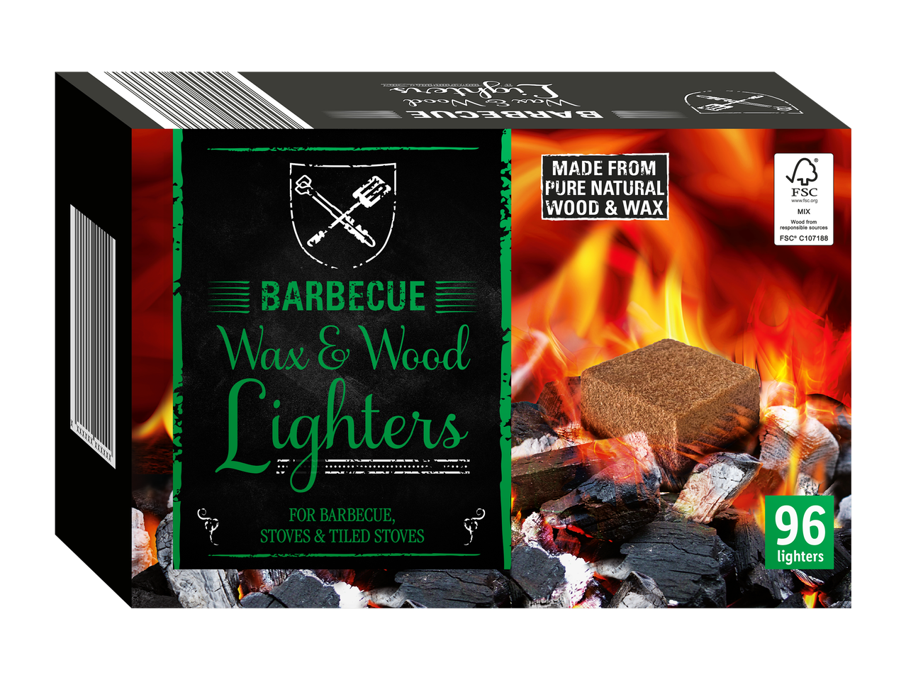 Pakkaus, jossa on 96 luonnollista vaha- ja puusytytintä grillaukseen ja uuneihin.