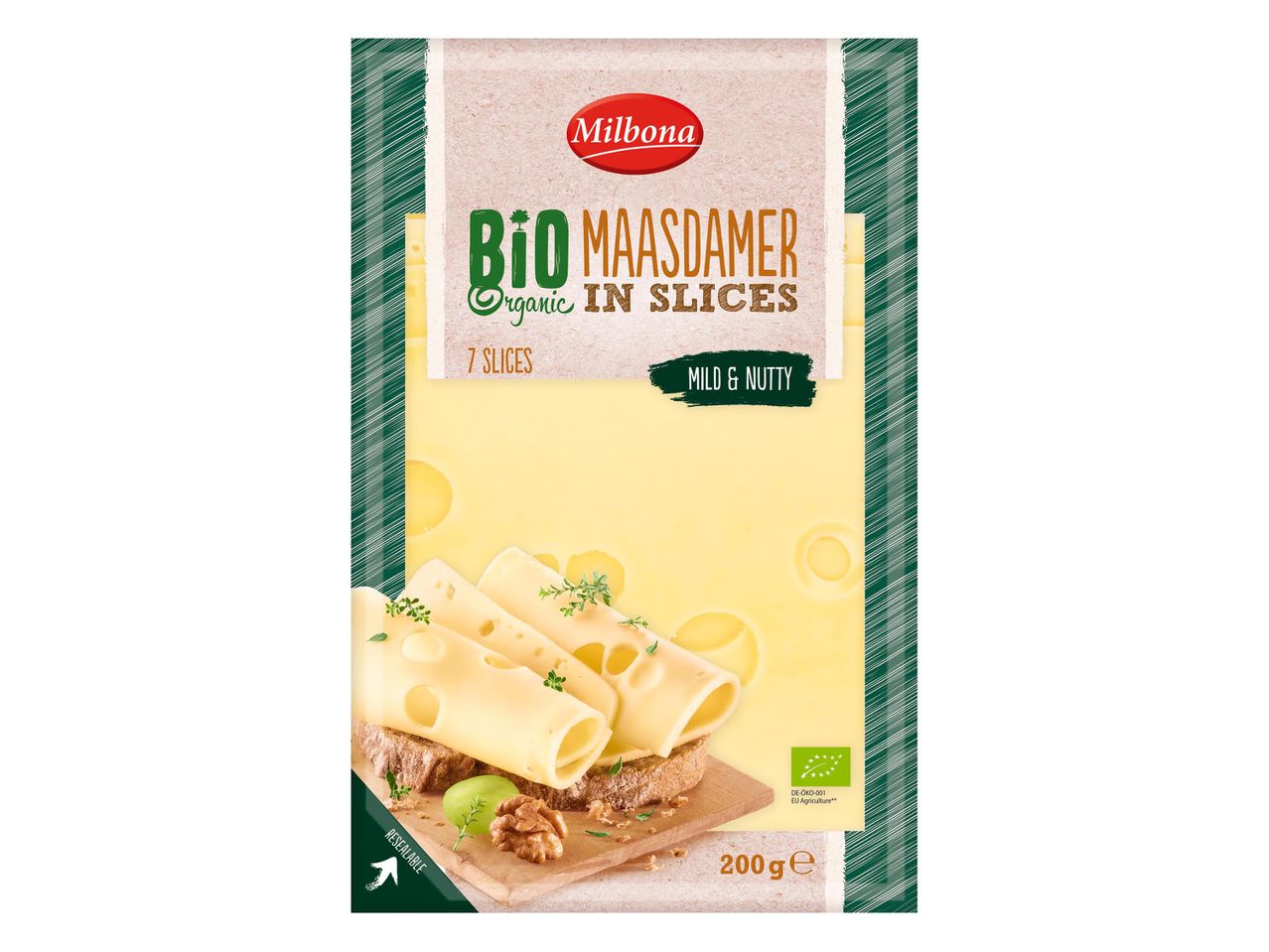 Milbona Bio Maasdamer sajt szeletek, 7 szelet, 200g-os kiszerelésben.