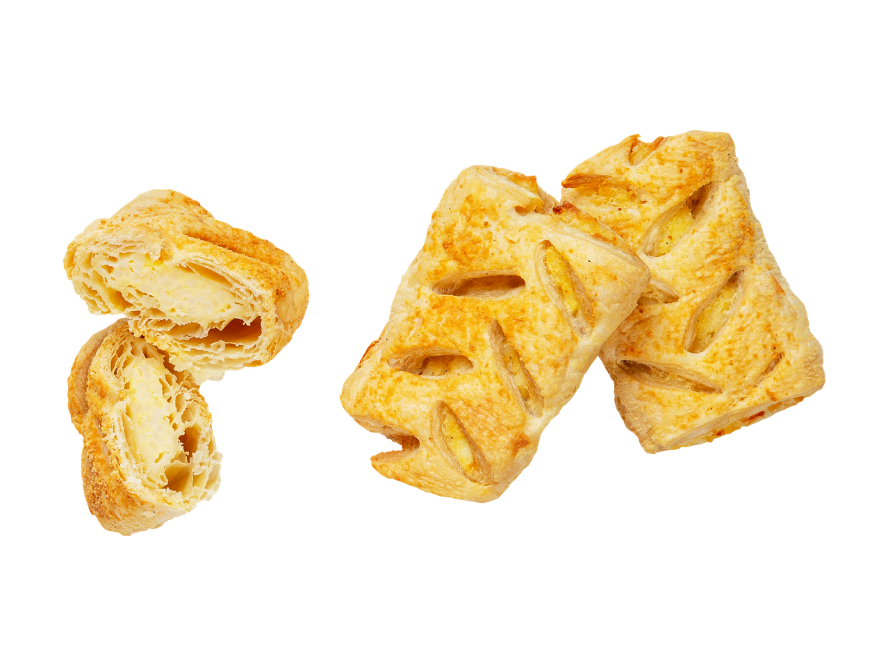 Kaksi leivonnaista, joista toinen on halkaistu ja täytetty vaniljakreemillä.