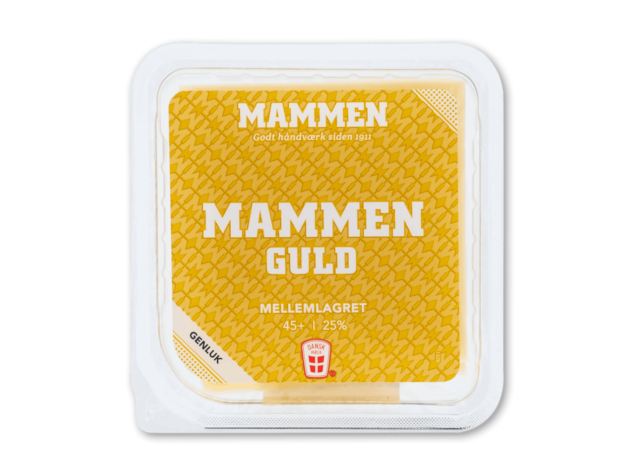Guldost i skiver, mellemlagret med 45+ fedtindhold, i en gul og hvid emballage.
