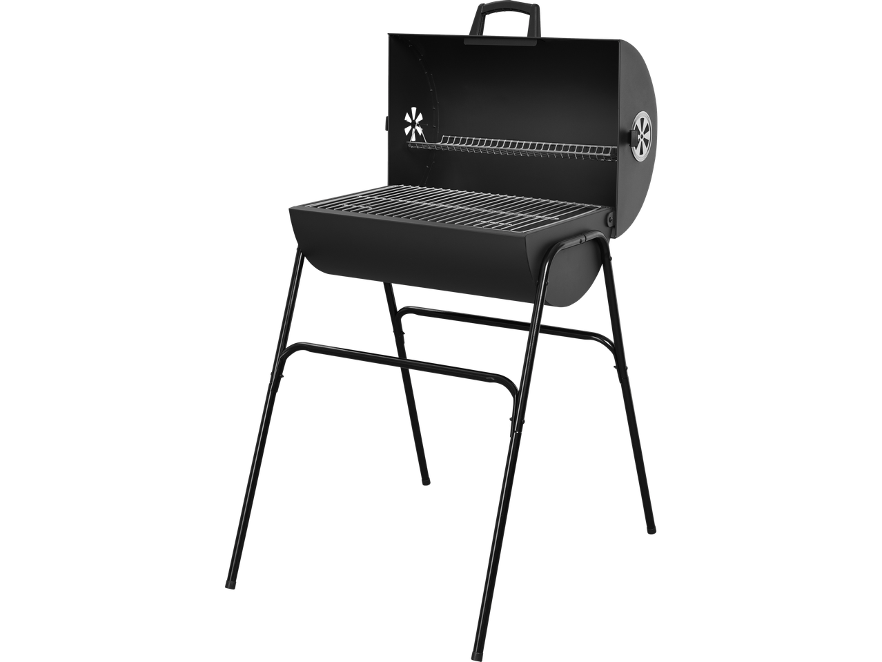 Churrasco portátil preto com grelha e suporte.