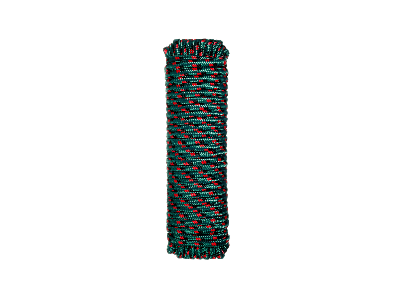 A coiled length of teal and red rope stands vertically against a black background.