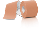 Two rolls of sensiplast® Kinesiology Tape in a peach color, one unrolling to show the grid backing.