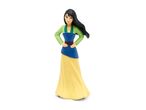 Mulan figurine in a green top, blue tunic, and yellow skirt, with hands on hips.