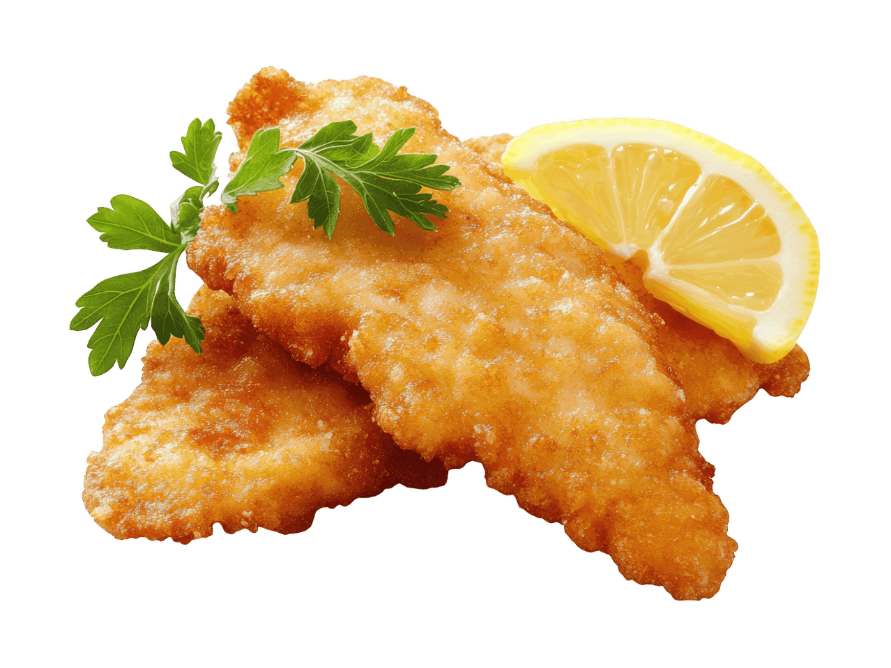 Zwei goldbraune Fischfilets mit Petersilie und Zitronenscheibe.