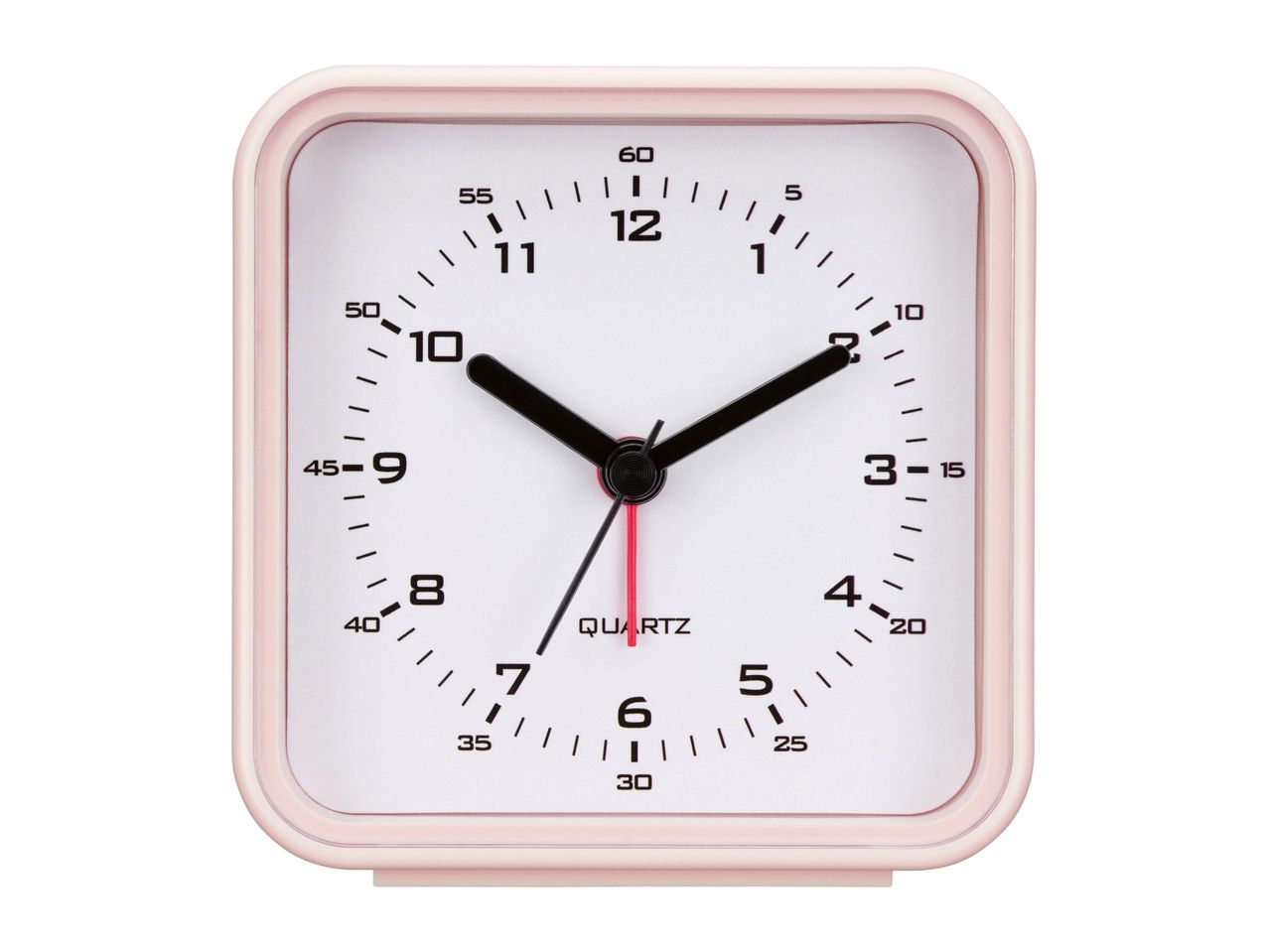 A pale pink square alarm clock with black hands and a white face.