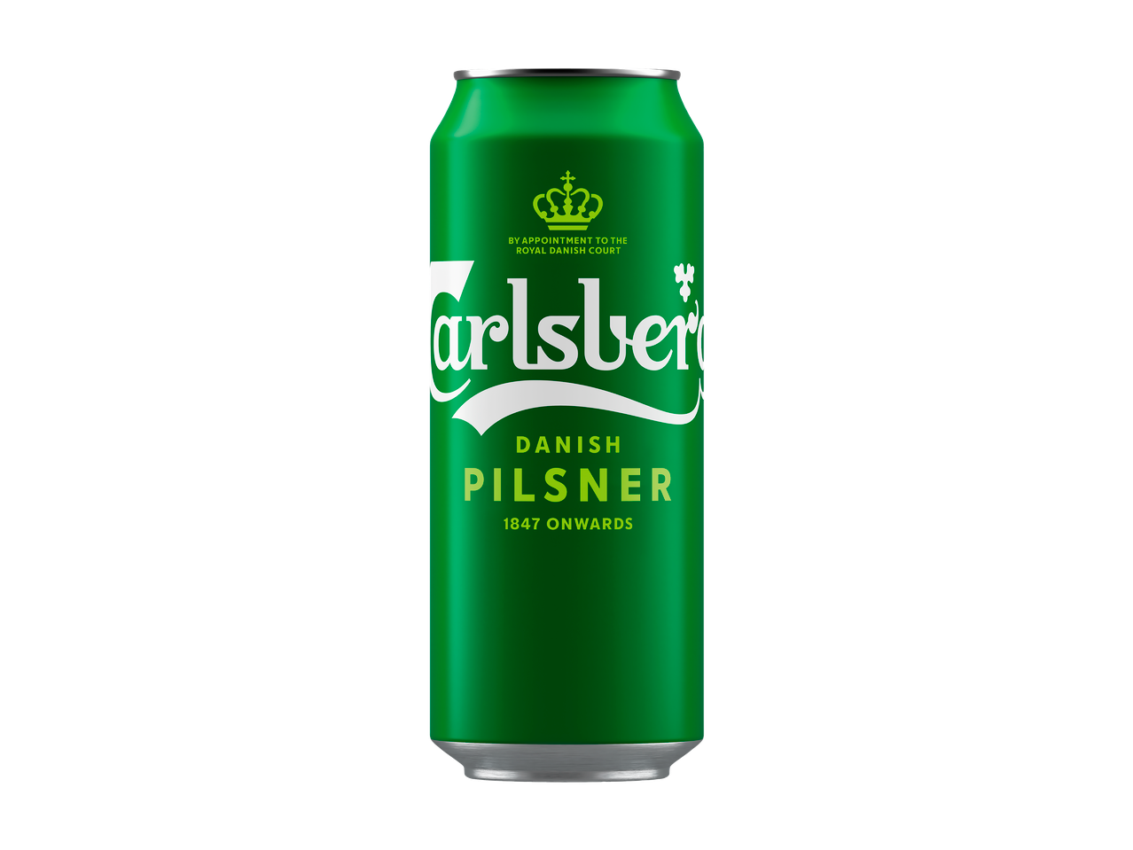 Lata de cerveja Carlsberg Danish Pilsner, verde com texto branco e amarelo, sobre fundo preto.