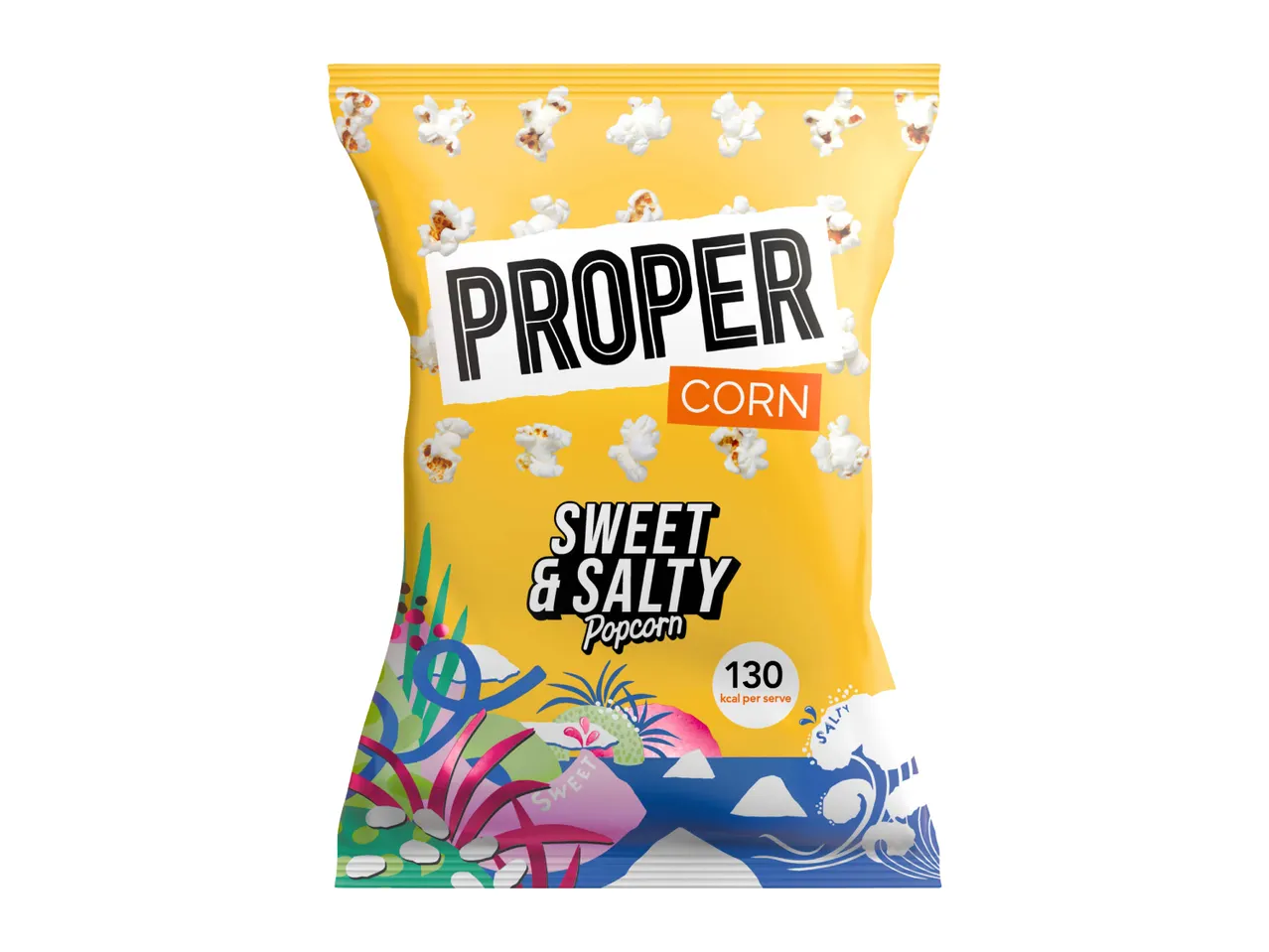 A bag of sweet and salty popcorn with 130 kcal per serving.