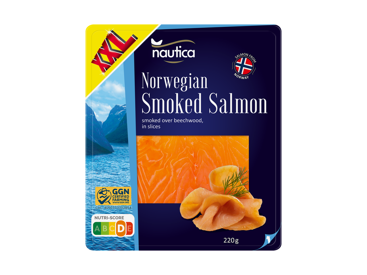 Emballage de saumon fumé norvégien de 220g avec Nutri-Score D.