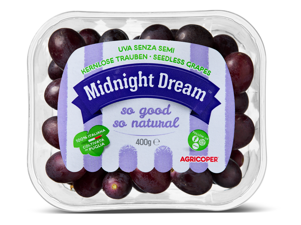 Verpakking met 400g pitloze druiven, geteeld in Puglia, met de tekst 'Midnight Dream, so good so natural'.
