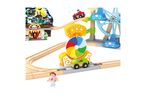 Wooden toy train set with a Halloween-themed haunted house, Ferris wheel, and spinning wheel.