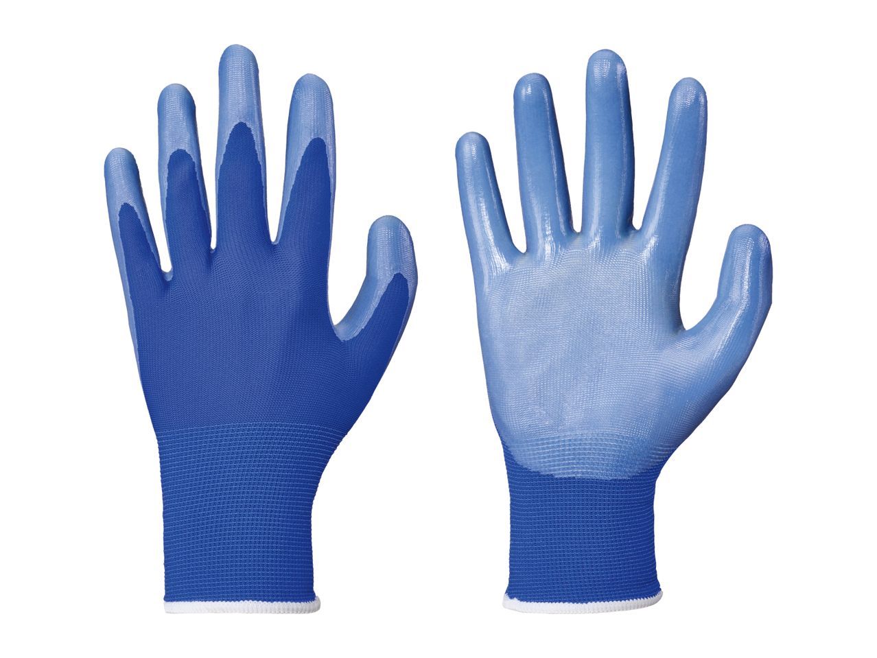 Pair of blue work gloves, one showing the palm and the other the back.