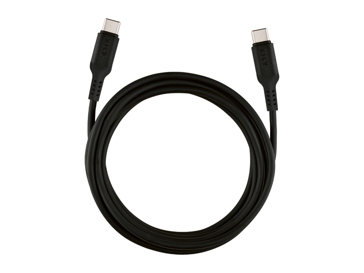 Black USB-C to USB-C cable coiled in a circle