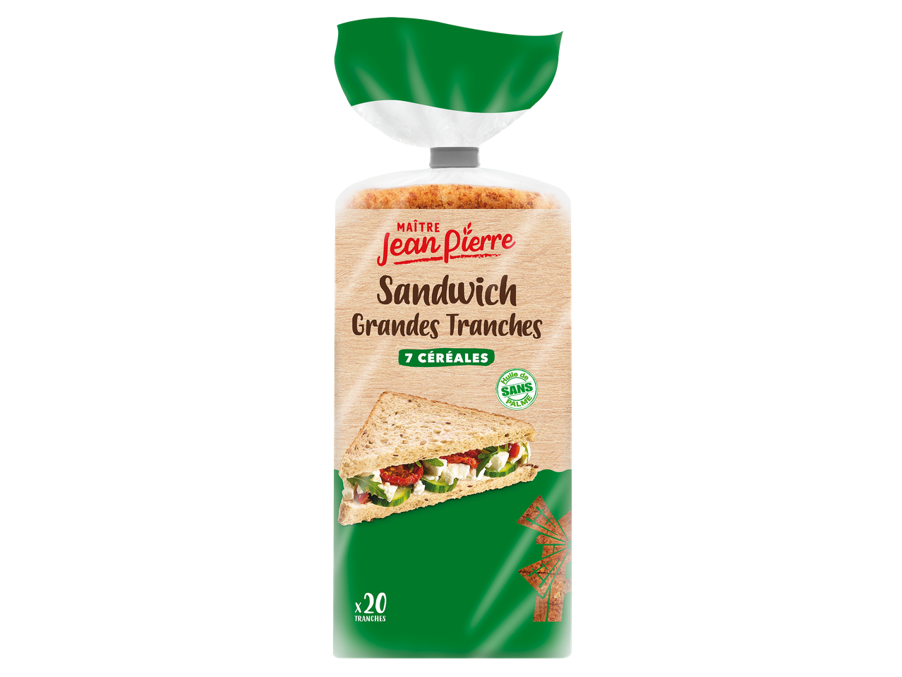 Paquet de pain de mie aux 7 céréales, grandes tranches, avec un sandwich garni.