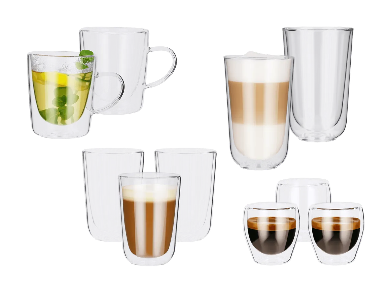 Dobbeltvæggede glas til te, latte, kaffe og espresso, med og uden håndtag.
