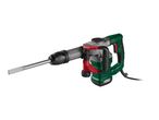 Green and red hammer drill with a chisel bit, angled view.