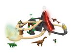 Dinosaur-themed toy train set with a volcano, waterfall, and various dinosaur figures.
